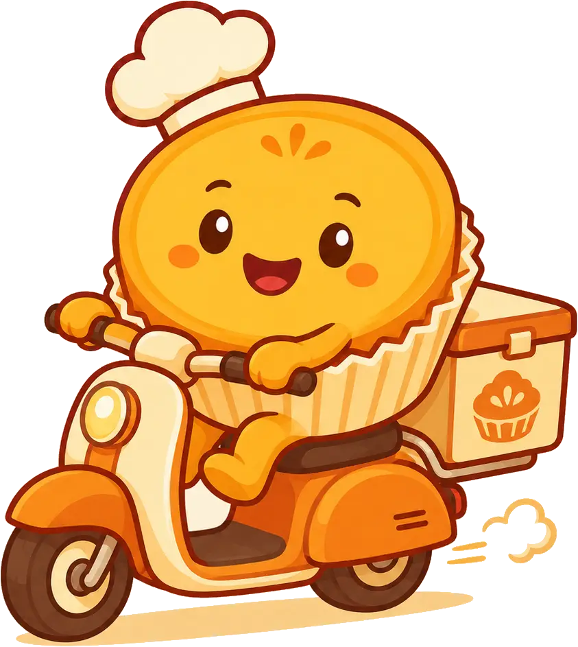 Maskot Kuevon mengantar pesanan dengan motor